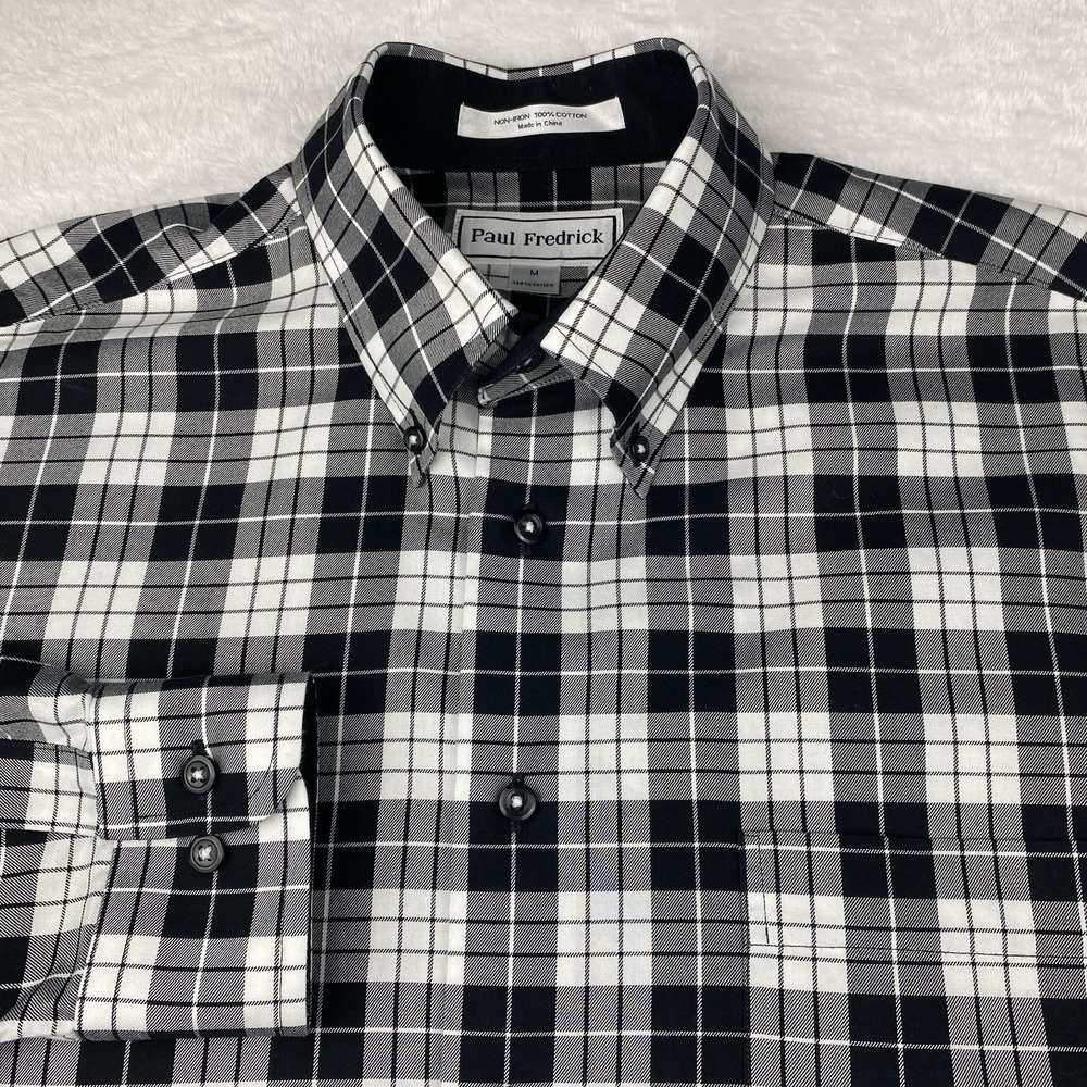 Paul Fredrick Dress Shirt Mens Medium Black/White Plaid No Iron